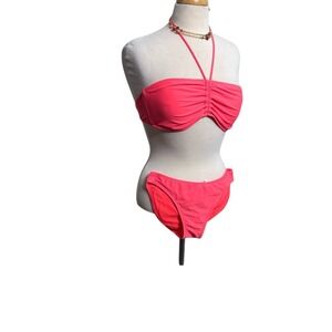 Coral Pink Ruched Halter Bikini Set Beach Pool Summer Vibe Swimsuit 2 Piece Med